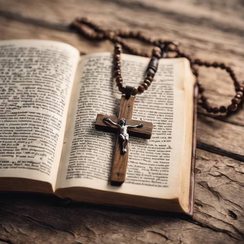 Rustykalny drewniany wisiorek w kształcie krzyża, spoczywający na otwartej Biblii z wyróżnionymi wersetami.