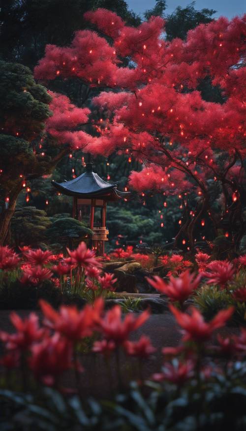 A Japanese garden in nighttime filled with sparkling fireflies and radiant red spider lilies.