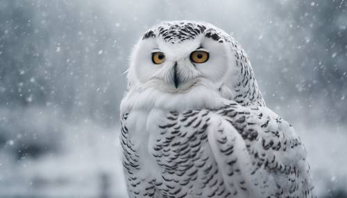 Загадочная снежная сова, стоящая посреди зимней бури