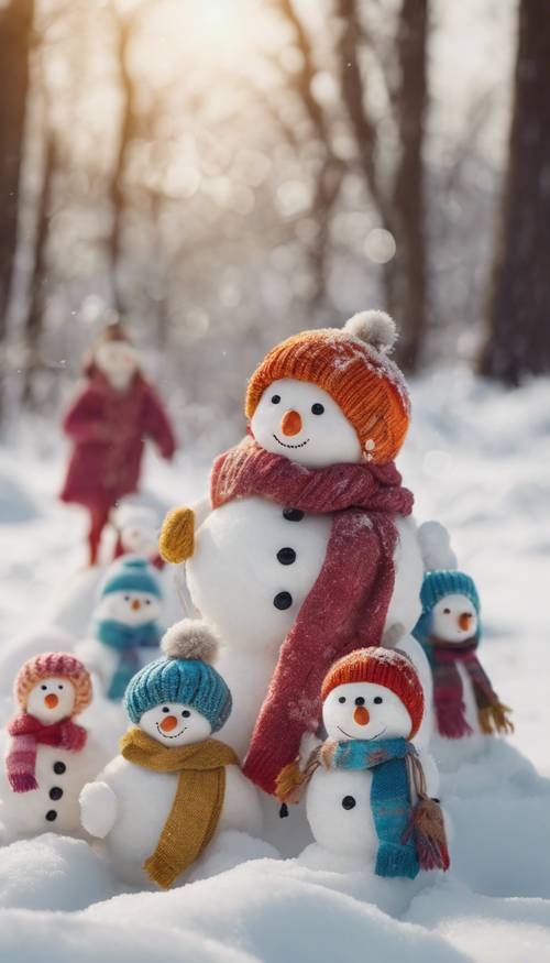 A group of snowmen of varying sizes and shapes, created by children in colorful winter clothing.