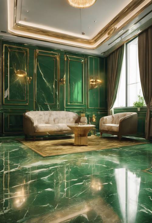 Um quarto suntuoso com piso de mármore verde e dourado