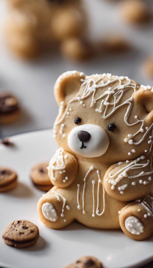 Một chiếc bánh quy hình con gấu với những chi tiết phủ kem đáng yêu, được đặt riêng trên một chiếc đĩa trắng.