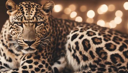 Uma visão do papel de parede com estampa de leopardo em tons neutros sob iluminação suave.