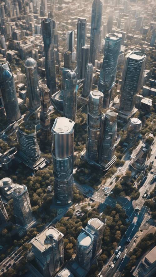 A bird's eye view of a sprawling, ultra-modern city, filled with sleek towers connected by graphenes. Tapeta [add0ff503c5e42cd92af]