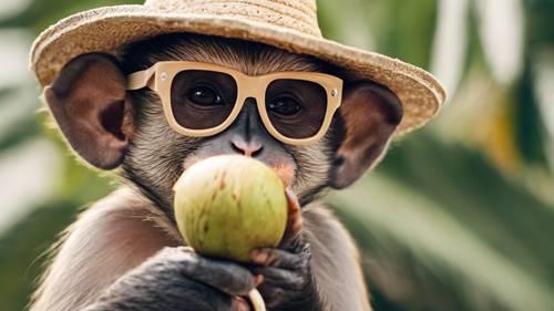 해변 모자와 선글라스를 착용하고 코코넛을 마시고 있는 카푸친 원숭이.