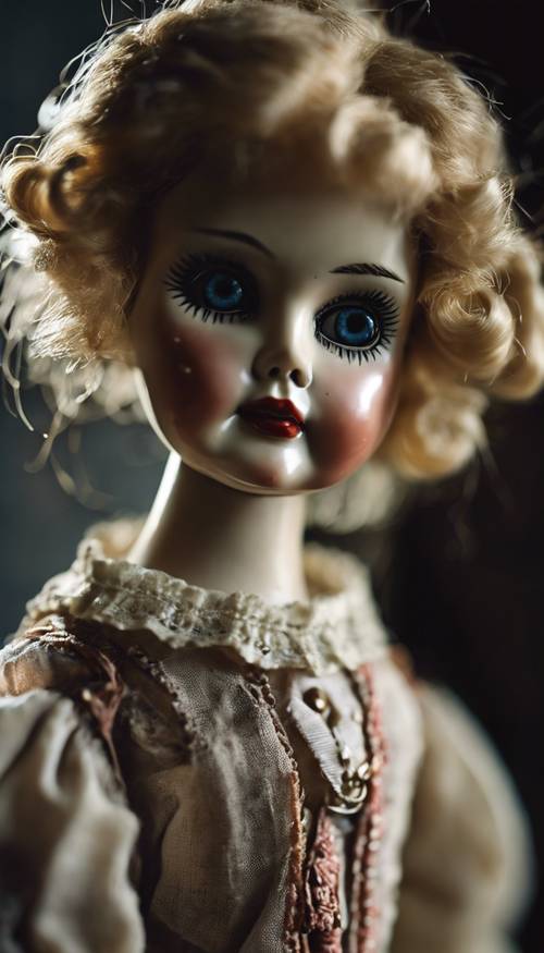 A close up of an eerie old antique doll with black glass eyes in a dimly lit room. Behang [7dbb973e902142b98657]