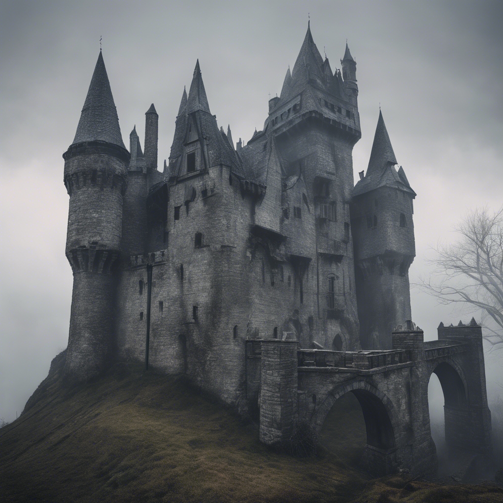 A sprawling castle made of dark gray stone in a foggy, gothic setting. Kertas dinding[23c2f8347ce64cba800e]