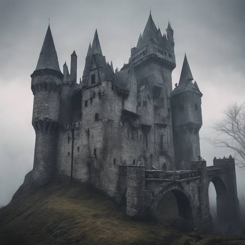 Ein weitläufiges Schloss aus dunkelgrauem Stein in einer nebligen, gotischen Umgebung.
