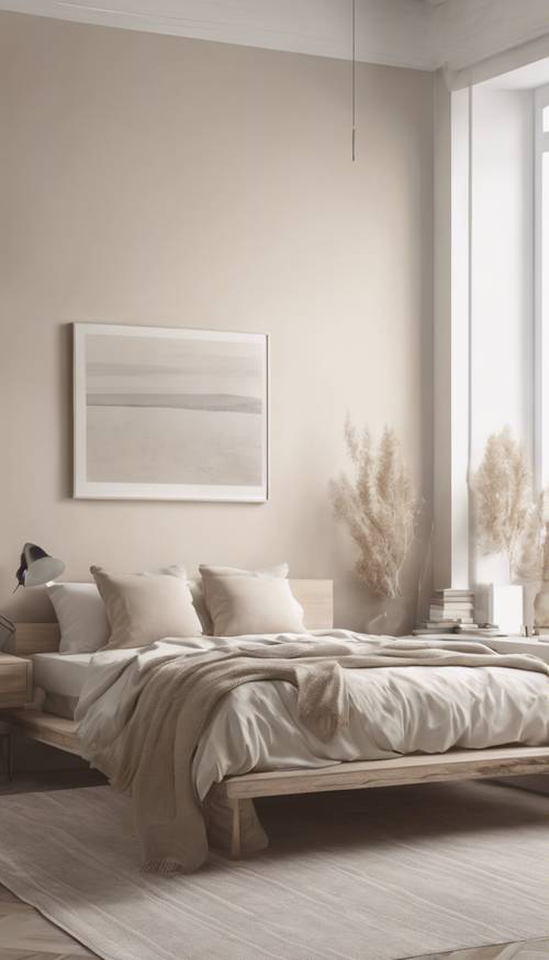 穏やかでミニマリストな寝室の壁紙。柔らかなニュートラルカラーを使ったデザイン