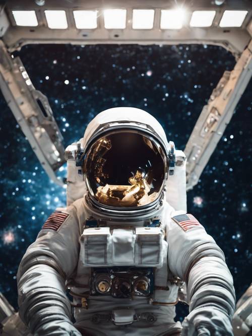 一名宇航員在耀眼的星星背景下修復空間站時看起來很酷。
