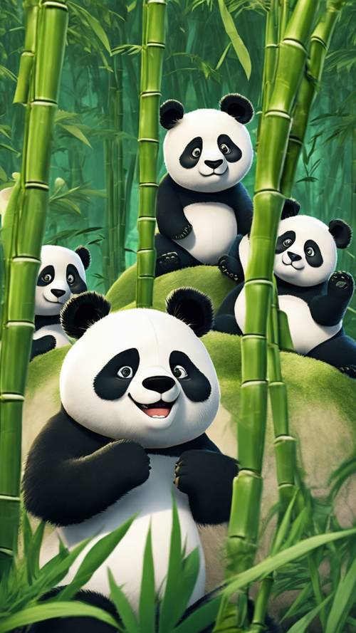 Sekelompok panda kartun berbulu halus bermain petak umpet di hutan bambu hijau.