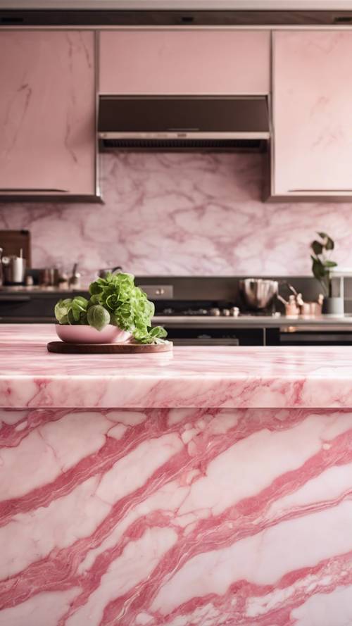 Elegant pink marble countertops in a modern, spacious kitchen with sunlight pouring in.