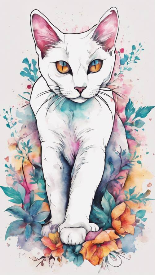 A minimalistic tattoo design of a white cat silhouette, filled with vibrant watercolor-style floral patterns.