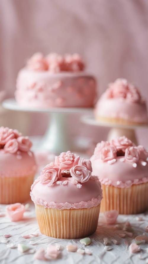 Kawaii에서 영감을 받은 밝은 핑크색 케이크와 귀여운 미니어처가 레이스 흰색 식탁보 위에 놓여 있습니다.