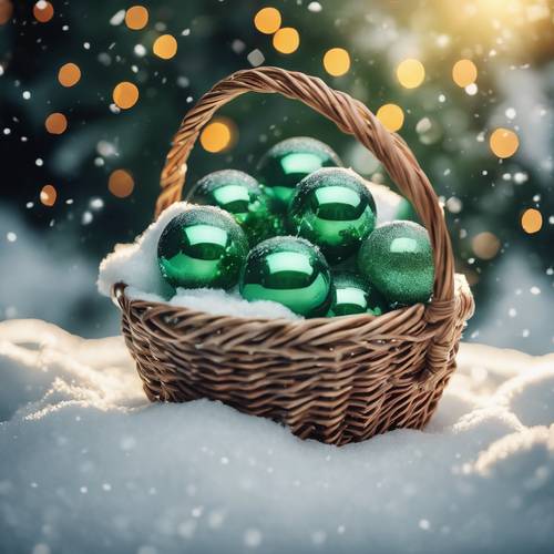 Green glass Christmas balls in a wicker basket on a snowy backdrop. Tapéta [11d3b0816baa4df8bca1]