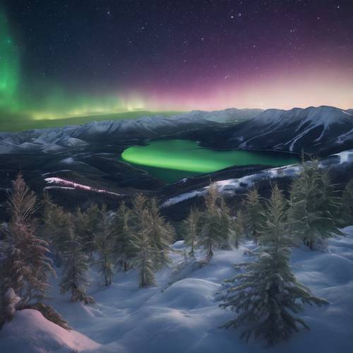 A field of stars as seen from the peak of a high mountain, with the Northern lights dancing in the sky. Tapet [fc81a0468d8f458bad5e]