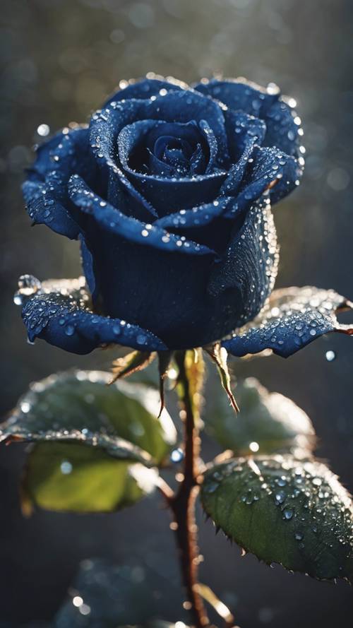 一朵海軍藍玫瑰的特寫，上面有微小的露珠，在晨光中閃閃發光。