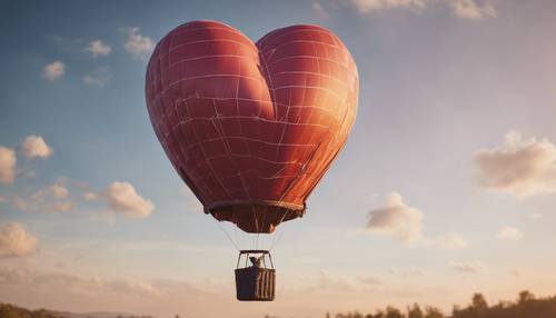 A heart-shaped hot air balloon ascending into a morning sky.