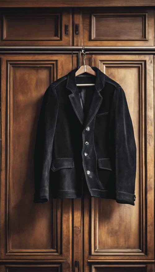 Czarna zamszowa kurtka w stylu vintage wisząca na drewnianej szafie.