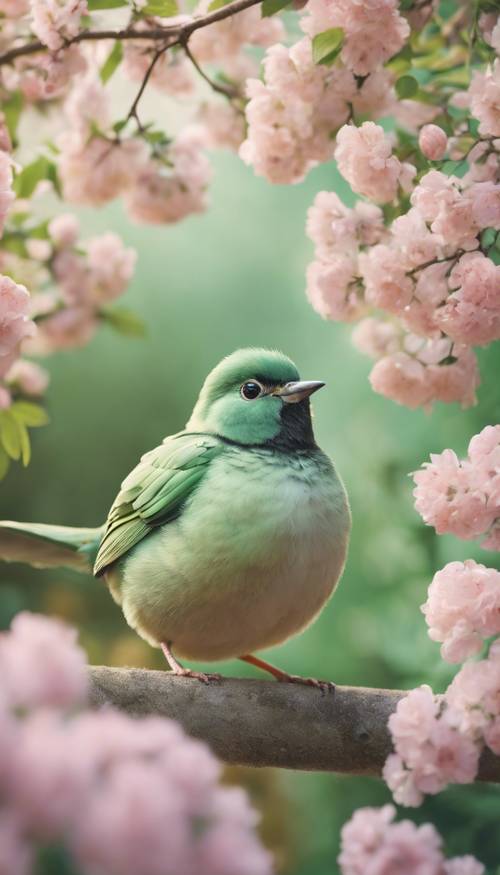 Pulchny ptak w kształcie kuli w pastelowej zieleni, skaczący po ogrodzie pełnym kwiatów.