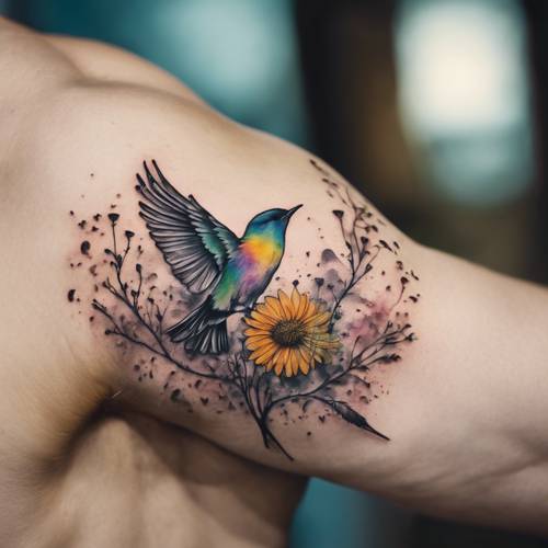 Kolorowy tatuaż przedstawiający poklatkowy moment, w którym dmuchawiec zamienia się w odlatującego ptaka.