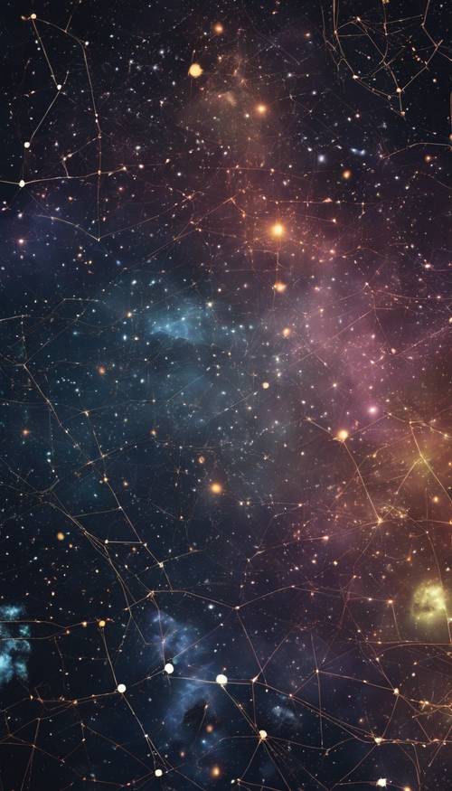 Pemandangan yang menggambarkan langit malam yang gelap dan konstelasi bintang- warna alam semesta diubah menjadi pola kotak-kotak gelap.