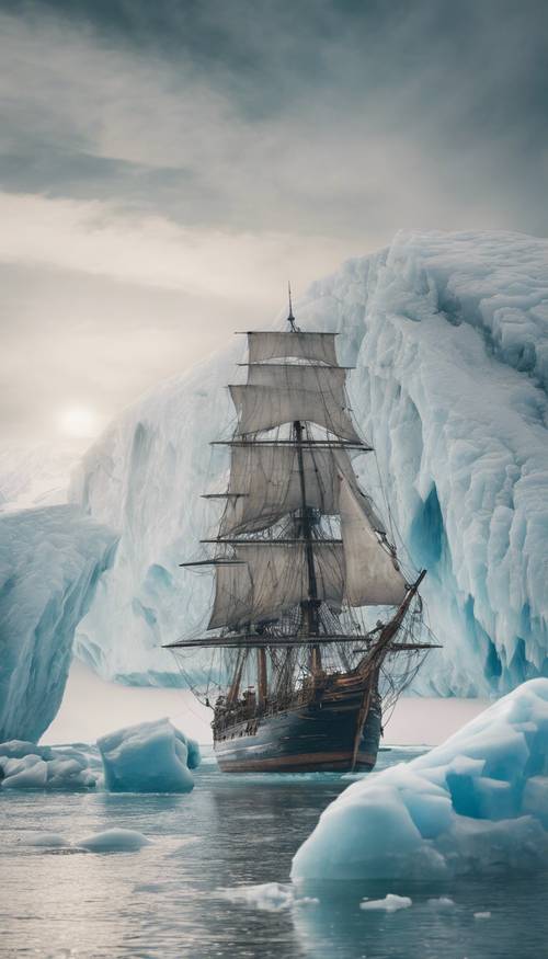 Sebuah kapal layar kuno yang berlayar melalui lautan es menuju gletser.