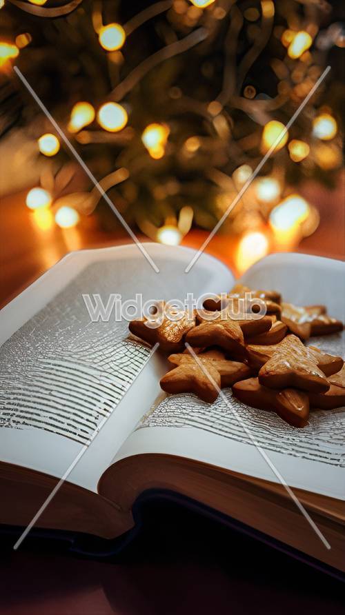 Ciasteczka w kształcie gwiazdek w książce ze świątecznymi światłami w tle