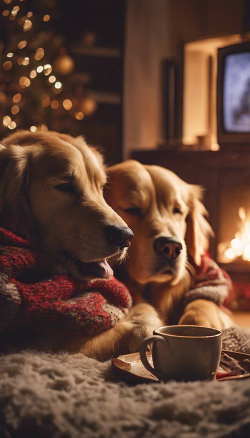 A couple watching a Christmas classic on a vintage television, while they cuddle under a blanket with a mug of hot chocolate, as their golden retriever sleeps peacefully by the fire.