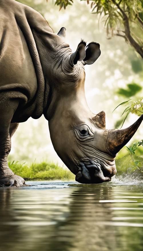 A rare sight of a rhino drinking water from a tranquil lake surrounded by greenery.