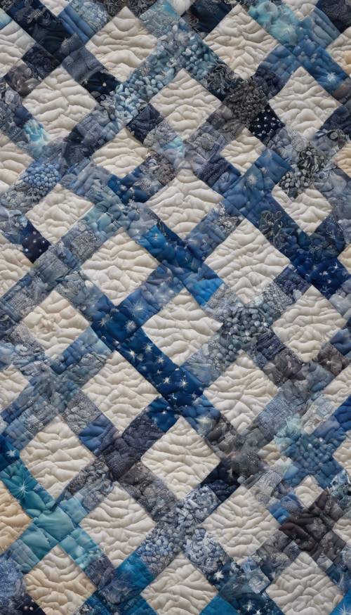 Un mosaico acolchado que presenta distintos tonos de azul en un patrón de estrellas prominente.