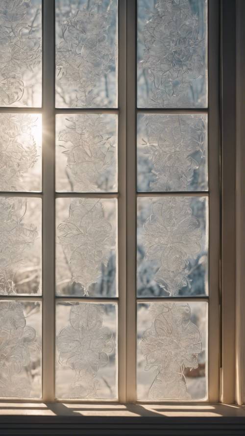 Une fenêtre en verre dépoli aux délicats motifs blancs, laissant entrer la lumière chaude et douce du soleil d&#39;hiver.