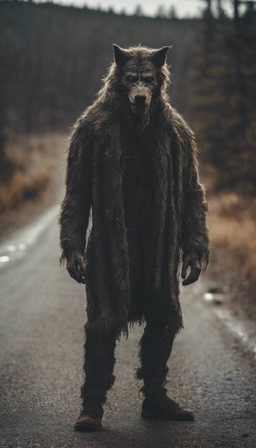 איש זאב עומד בצורה מאיימת באמצע כביש שומם.