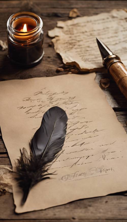 Sebuah surat kuno yang disegel dengan stempel lilin diletakkan di atas meja kayu pedesaan, dengan pena bulu di sisinya