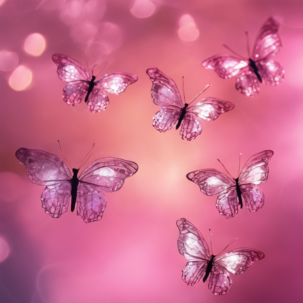 Dainty, transparent butterfly silhouettes layered over a delicate, prismatic pink aura. Behang[237c54bc0315451f8045]
