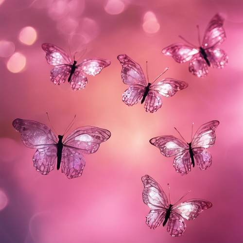 Silhuetas de borboletas delicadas e transparentes sobrepostas sobre uma aura rosa delicada e prismática.