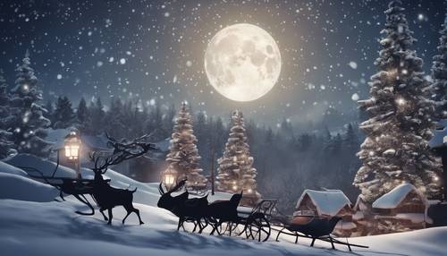 A midnight Christmas Eve scene of Santa Claus's sleigh and reindeer silhouetted against the moonlight, with snow-covered rooftops and trees below.