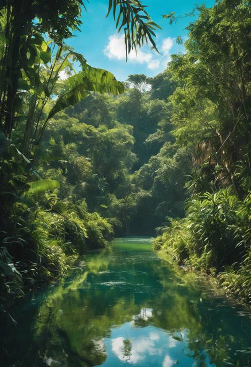 Une jungle pleine de vie, une rivière qui serpente à travers elle, reflétant la verdure et un ciel bleu éclatant au-dessus.