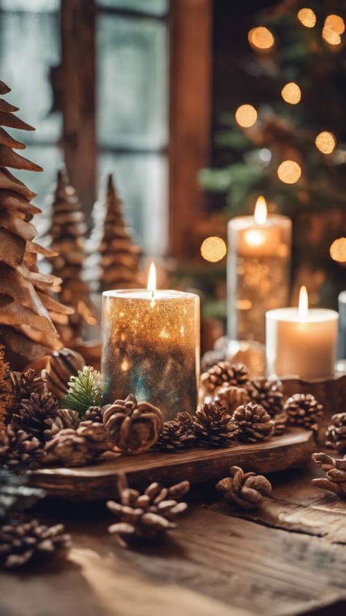 Arranjo festivo de decoração de Natal boêmio em uma mesa de madeira rústica.