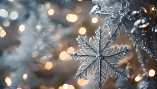 Un primer plano de las ramas de un árbol de Navidad cargadas de escarcha, el brillo de las luces blancas colgantes y adornos plateados brillantes.