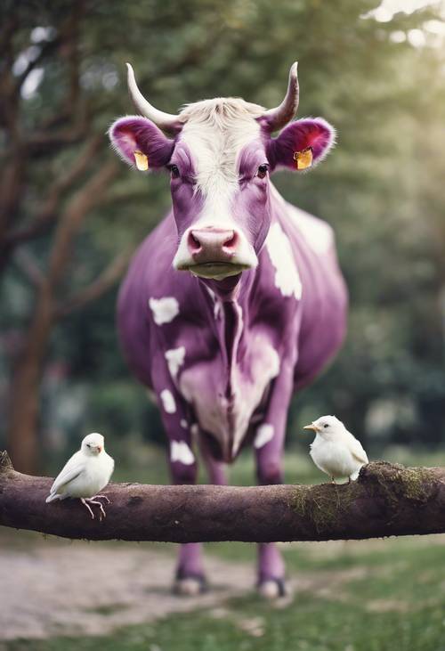 'Just a delightful plum cow with a pair of white birds perched nonchalantly on its back.'