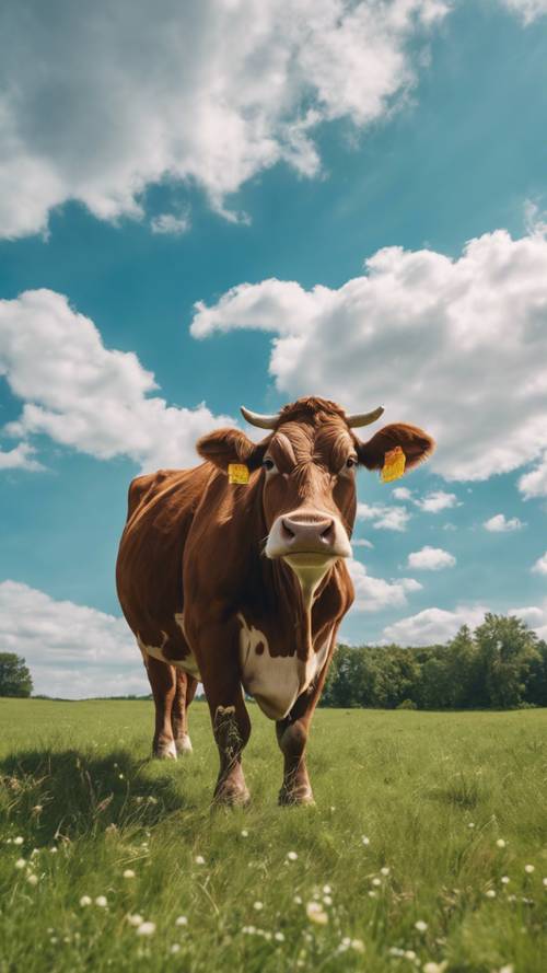 A close-up perspective of a large brown cow with a distinctive print, standing in a vibrant green meadow under a clear blue sky