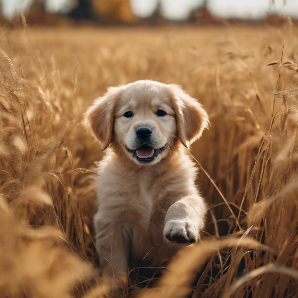 A golden retriever puppy frolicking in a field of tall yellow grass during the autumn season. Tapeta[9da540a8e8304bed9150]