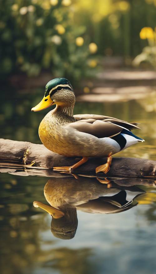 这是一幅复古油画，画中一只黄色的绿头鸭在夏日的午后休息在宁静的花园池塘边。