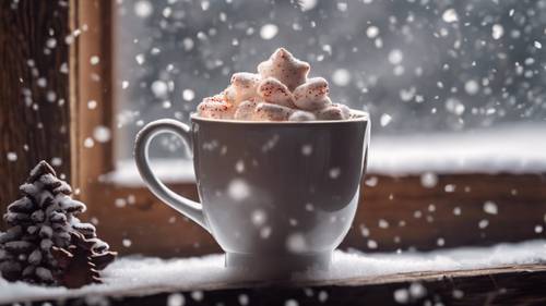 Steaming hot chocolate in a cute Christmas mug, resting on a wooden window sill with snow falling in the background.