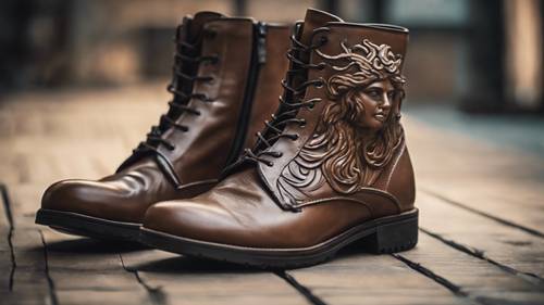 A pair of brown boots with engraving of Medusa on them.