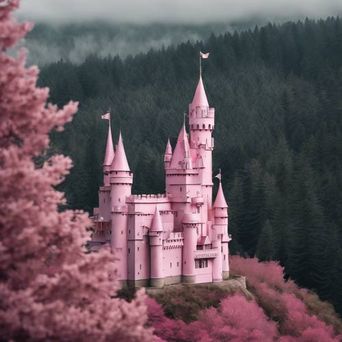 A large, pink metallic castle nestled between thick forest under cloudy sky.