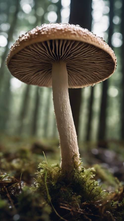 Ein Pilz, der dramatisch von einer Seite beleuchtet wird und hoch im feuchten Unterholz eines Waldes steht.