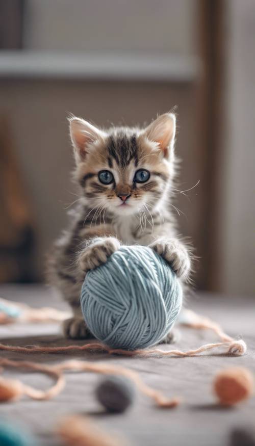 Un gattino a strisce diagonali con una morbida pelliccia color crema e grigio, che gioca giocosamente con un gomitolo di lana.