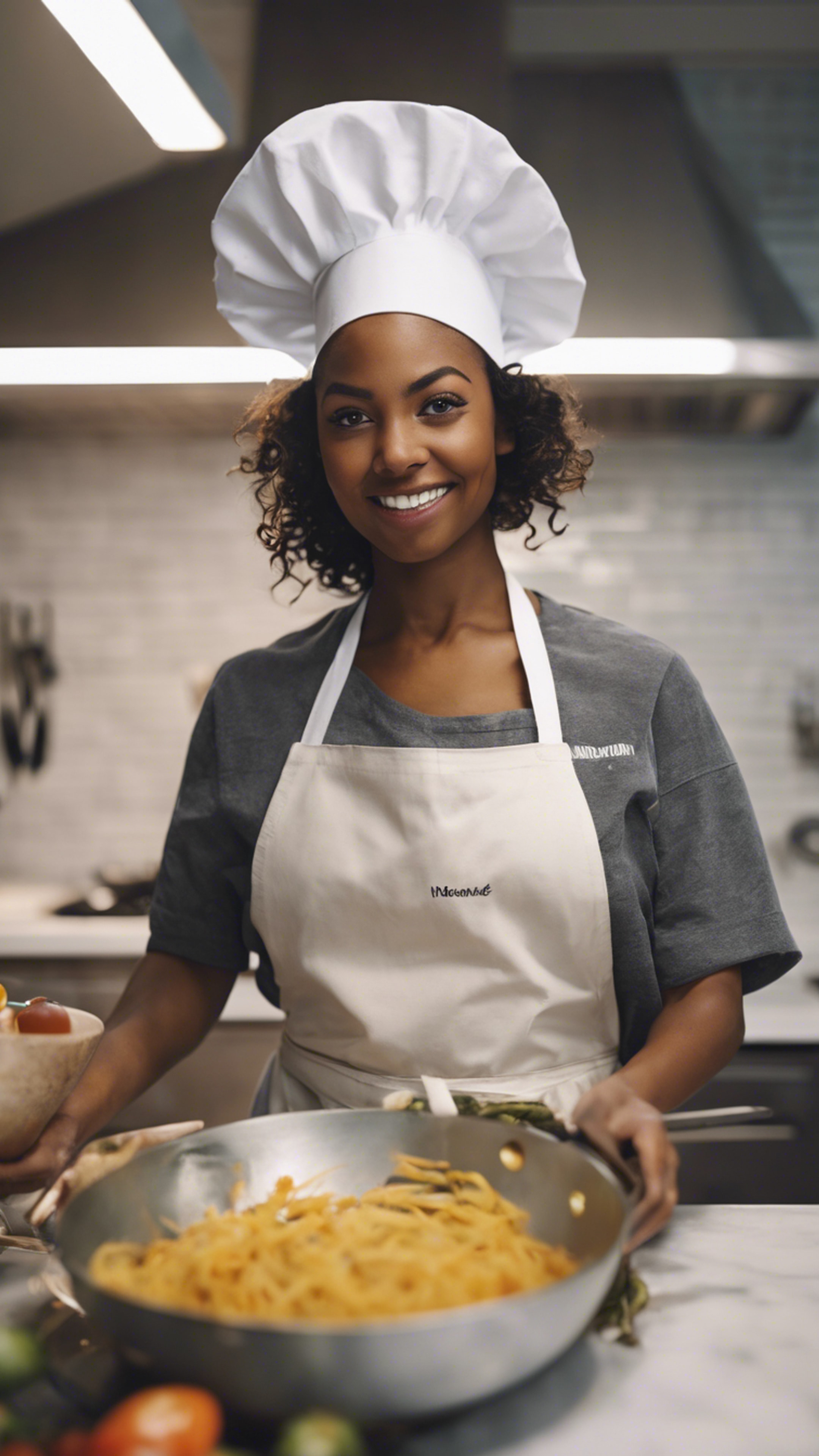 An enthusiastic black girl wearing chef’s hat and apron cooking in a modern kitchen. Divar kağızı[28127f79c89b4e3a826e]